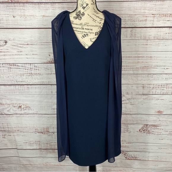 Trina Turk navy sleeveless v-neck dress with sheer train attached - Picture 1 of 10